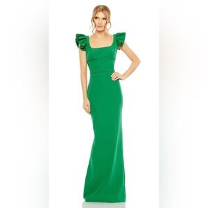 Mac Duggal Green RUFFLE CAP SLEEVE OPEN BACK COLUMN GOWN SZ 12